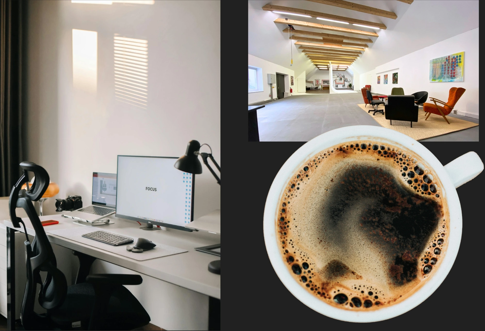 Fotos vom Coworking Space und eine Tasse schwarzer Kaffee